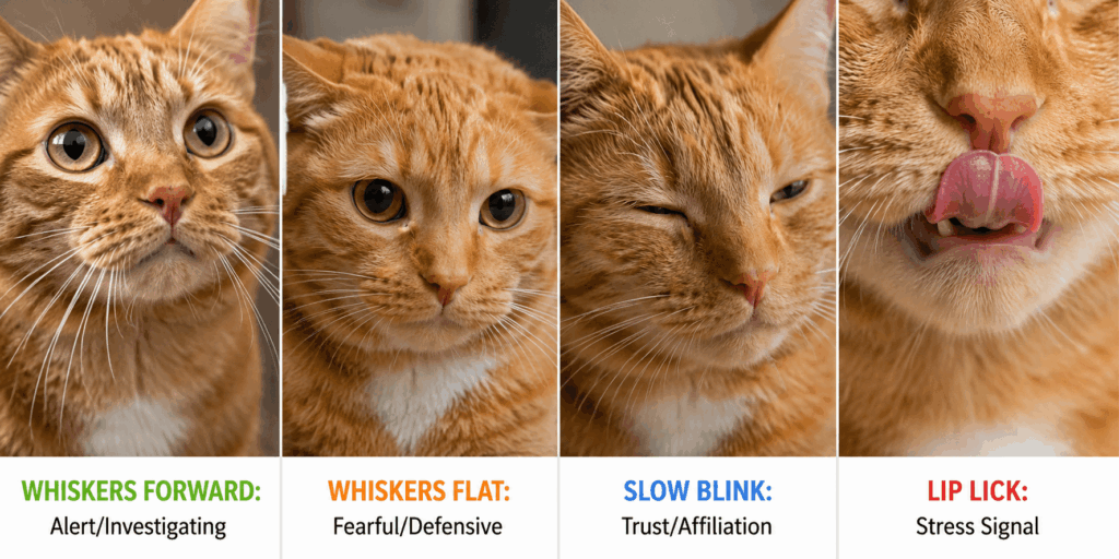 Macro close-up of cat whiskers and mouth showing subtle cat body language meaning clues
