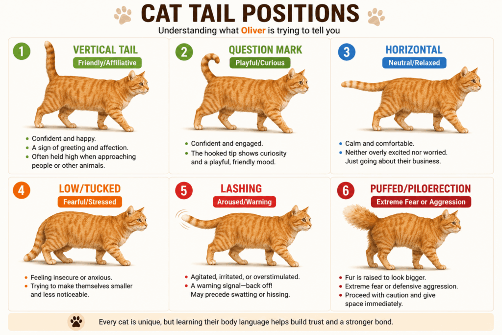Infographic of 6 tail positions and their specific cat body language meaning