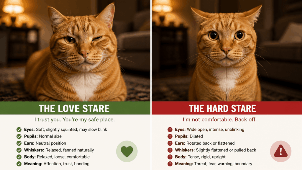 Comparison of the love stare vs the hard stare to answer why does my cat stare at me