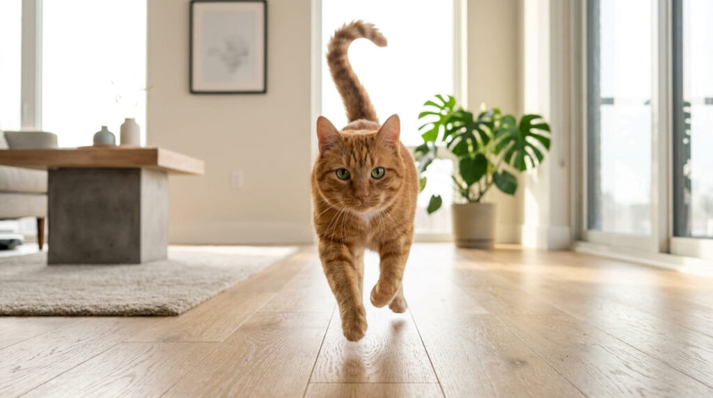 An orange tabby cat running towards his owner illustrating how to train a cat to come.
