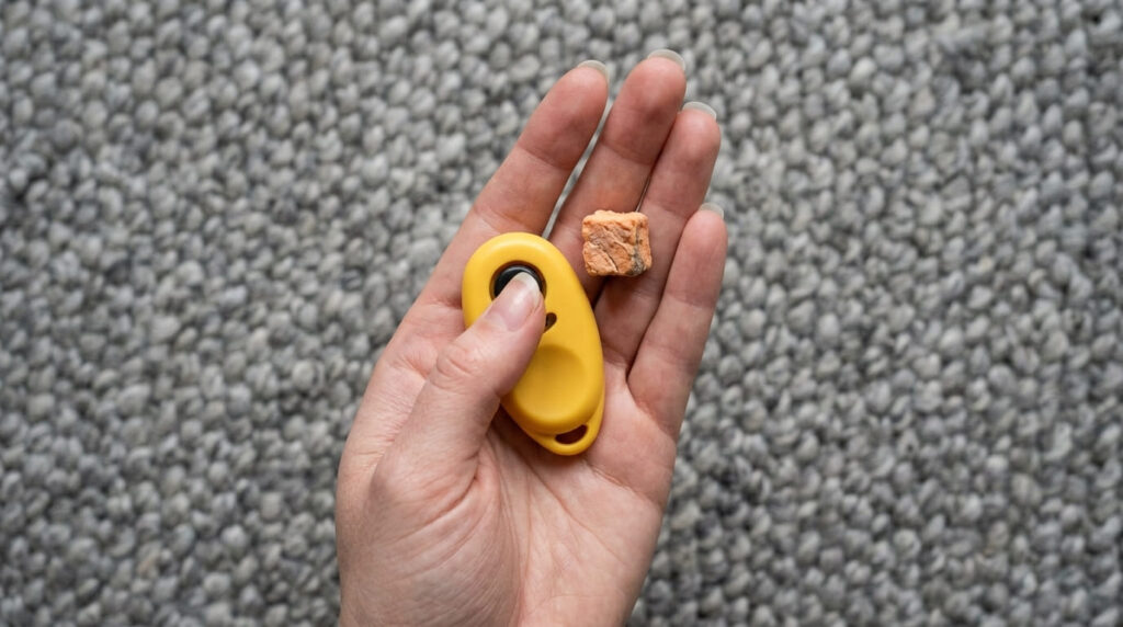 Training tools including a clicker and treats used in how to train a cat to come.
