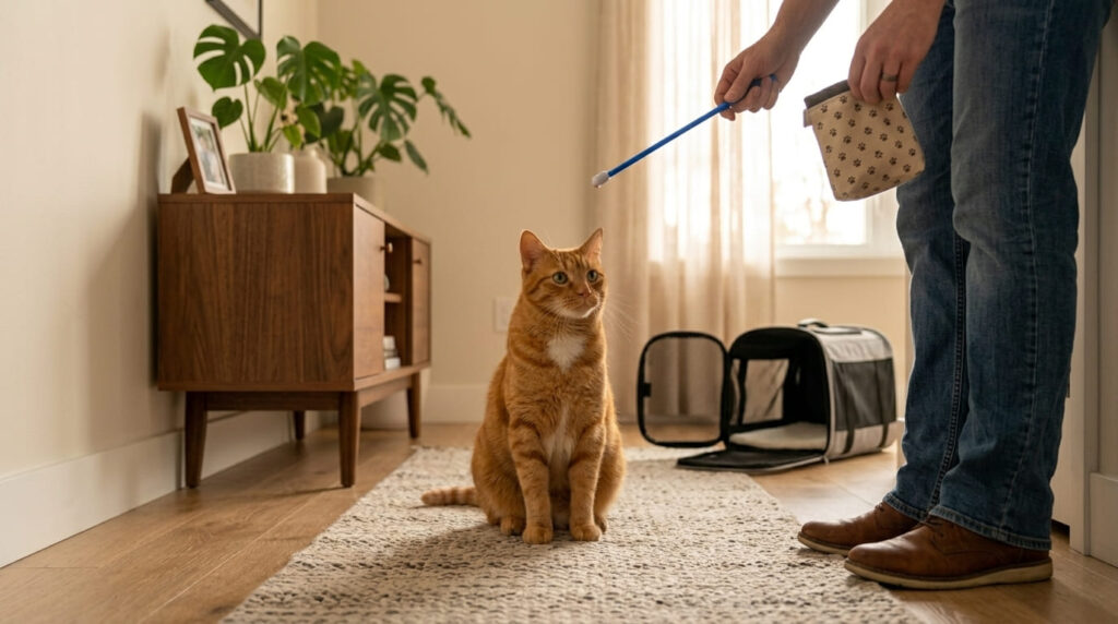 A successful emergency recall session for an indoor cat.
