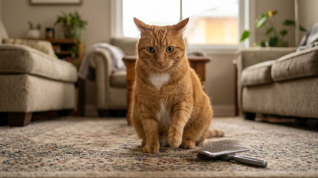 An orange tabby cat showing signs that he hates being brushed.