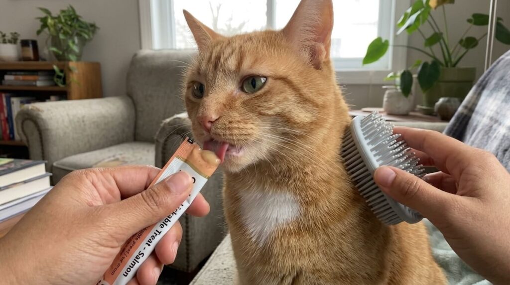 Using positive reinforcement to help a cat that hates being brushed.