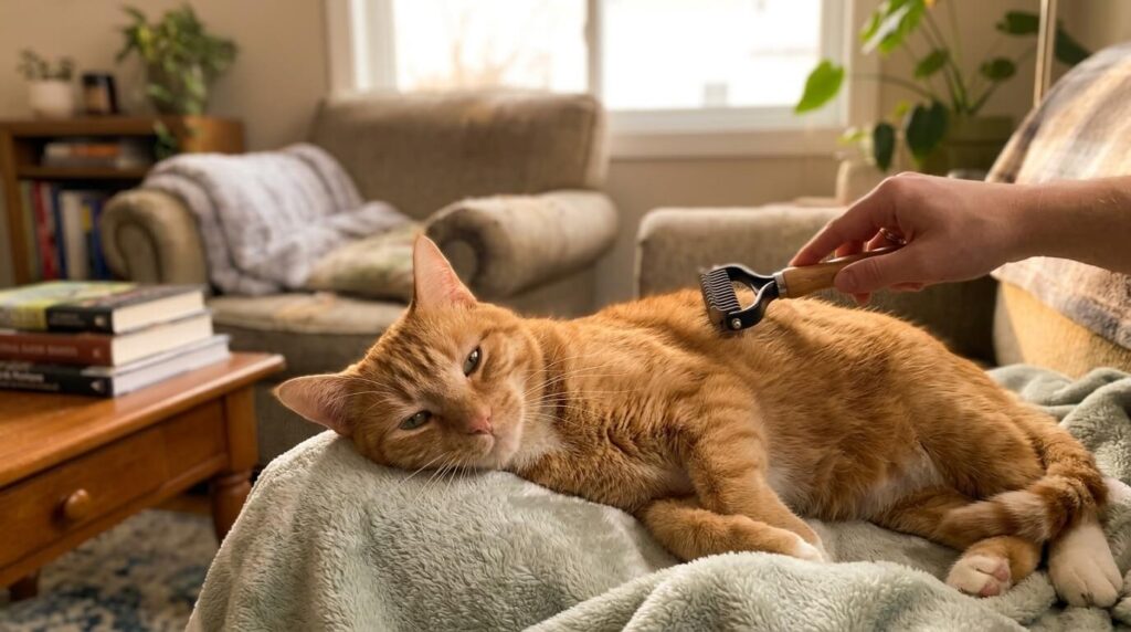A successful grooming session with a cat who previously hated being brushed.
