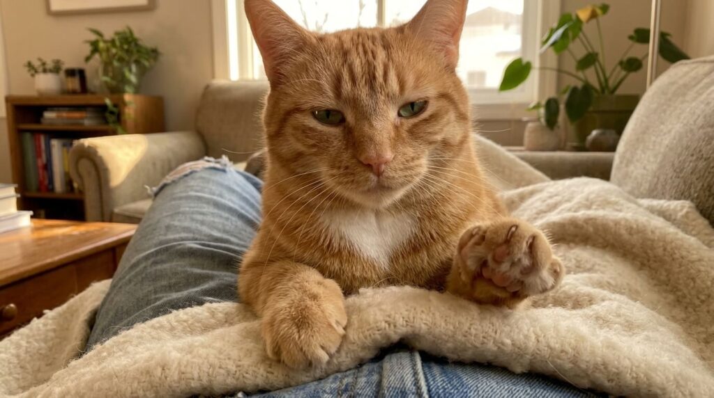 Close up of Oliver the orange tabby demonstrating why do cats knead on a wool blanket