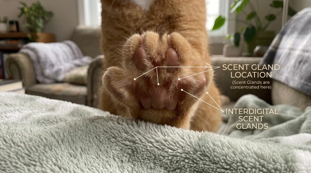 Detailed view of a cat's paw showing the interdigital glands that explain why do cats knead
