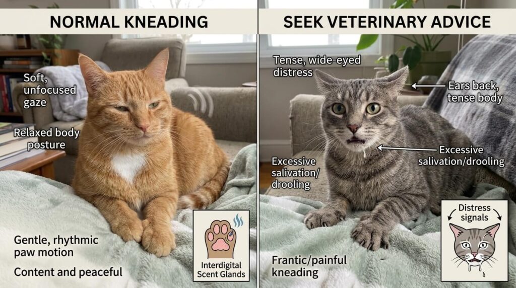 A clinical chart comparing normal behavior vs obsessive reasons for why do cats knead