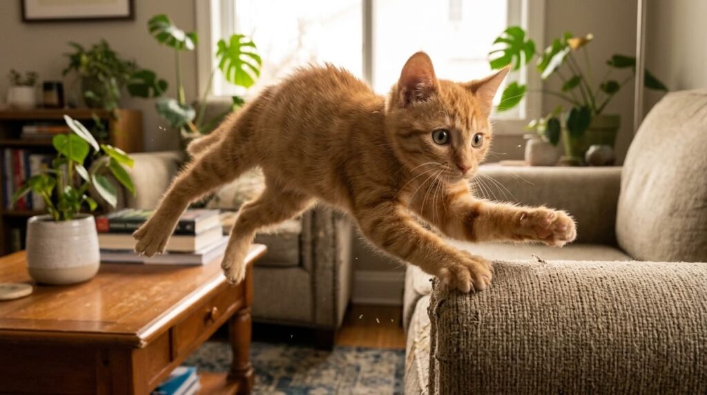 Orange tabby kitten pouncing, illustrating a key behavior in single kitten syndrome