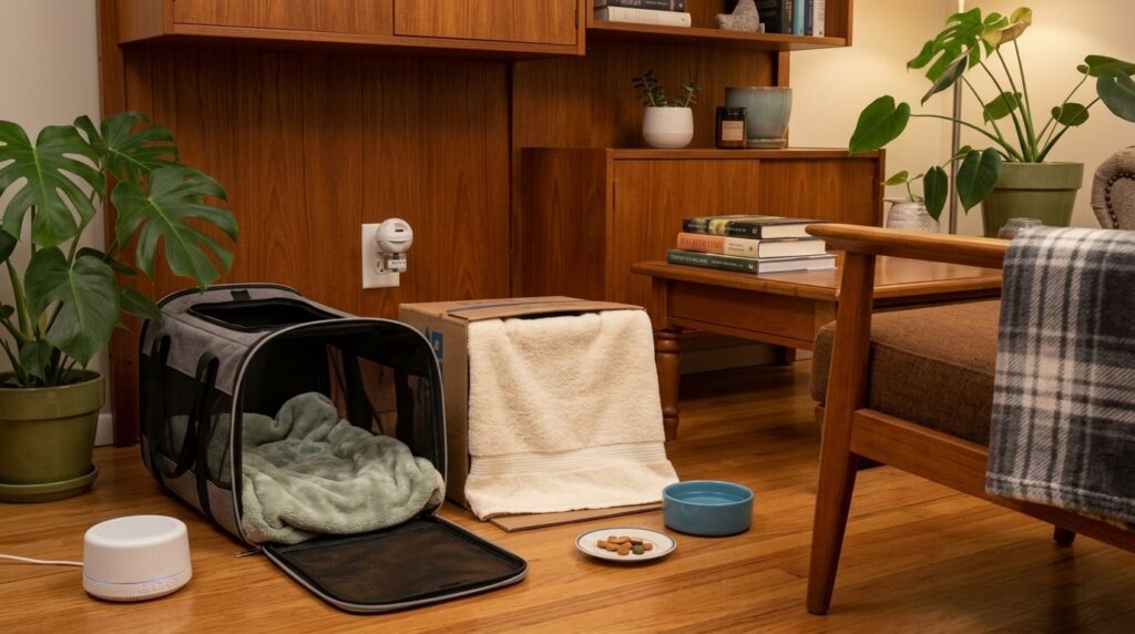 A complete safe haven setup illustrating how to calm a cat during fireworks in an apartment