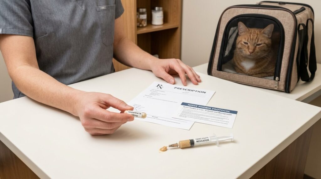 Consulting a veterinarian about situational medication for how to calm a cat during fireworks