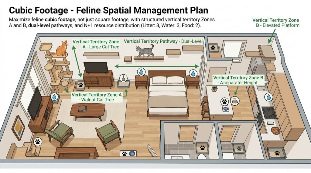 Architectural floor plan for two cats in studio apartment spatial management