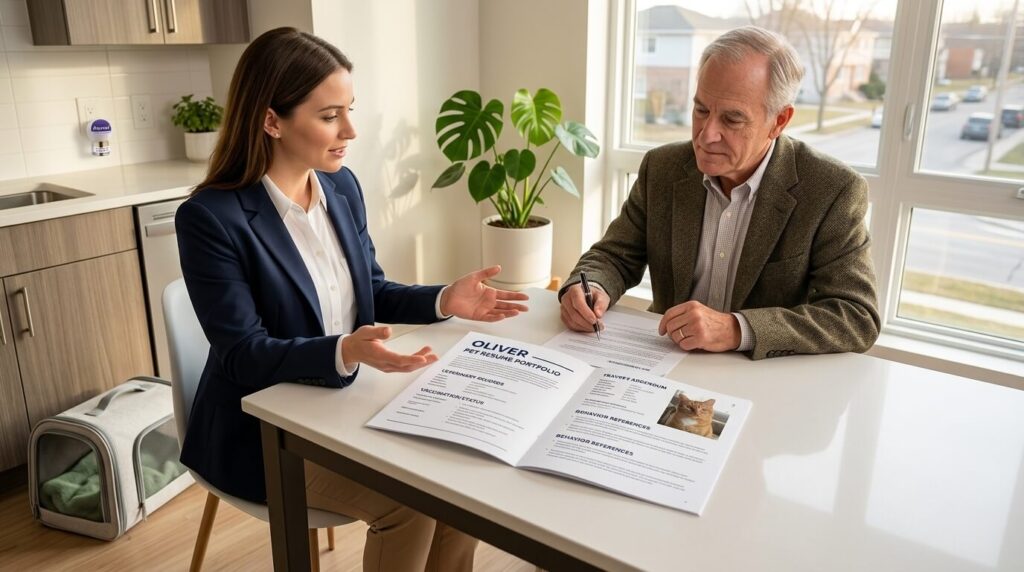 Landlord reviewing a pet portfolio based on our renting with a cat tips