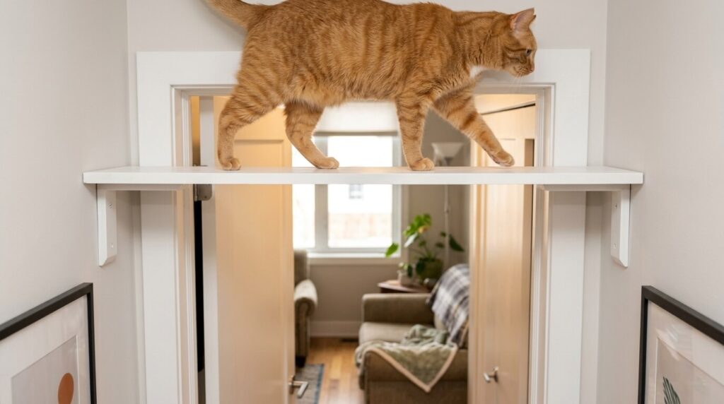 Door frame bridge as one of the best cat superhighway ideas for small hallways