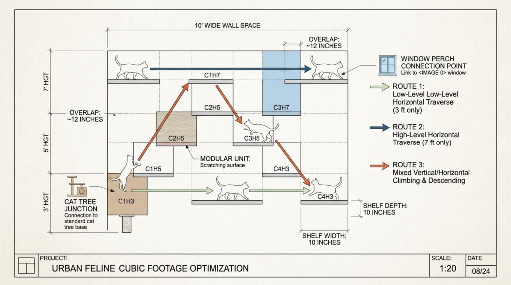 Architectural planning for modular cat superhighway ideas on an apartment wall