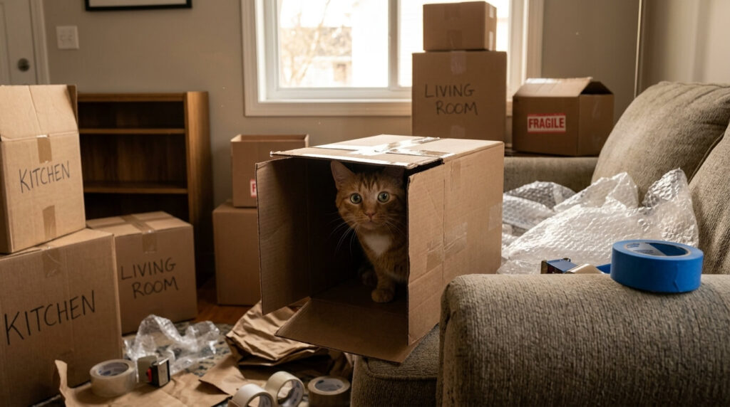 Oliver the orange tabby demonstrating stress while moving with a cat to new apartment