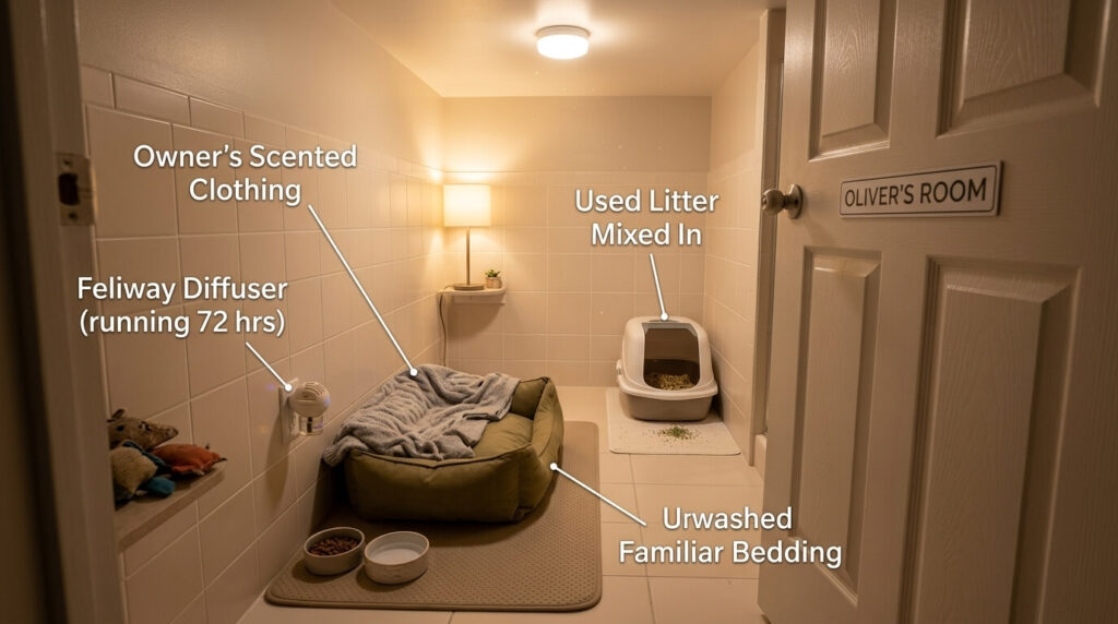 Detailed setup of a cat safety room for moving with a cat to new apartment