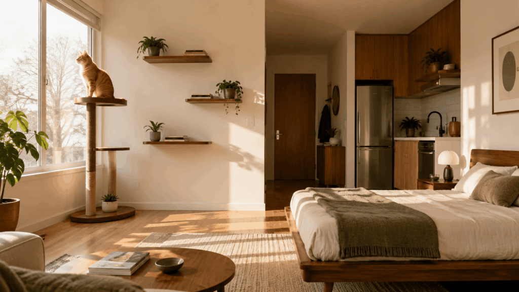 Modern apartment layout for a minimalist cat owner featuring integrated wall shelves