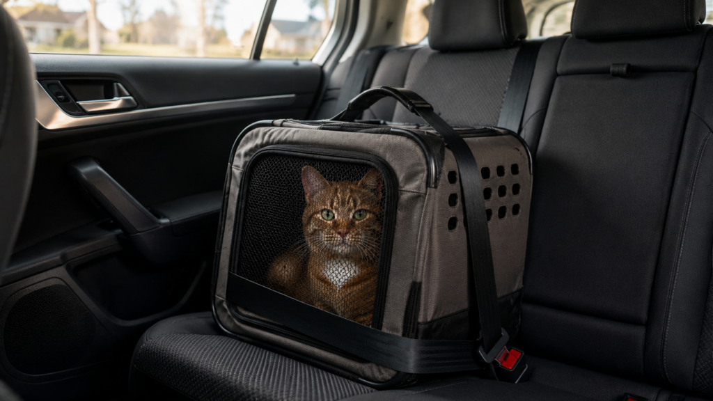 Properly securing a carrier when traveling with a cat in a car.