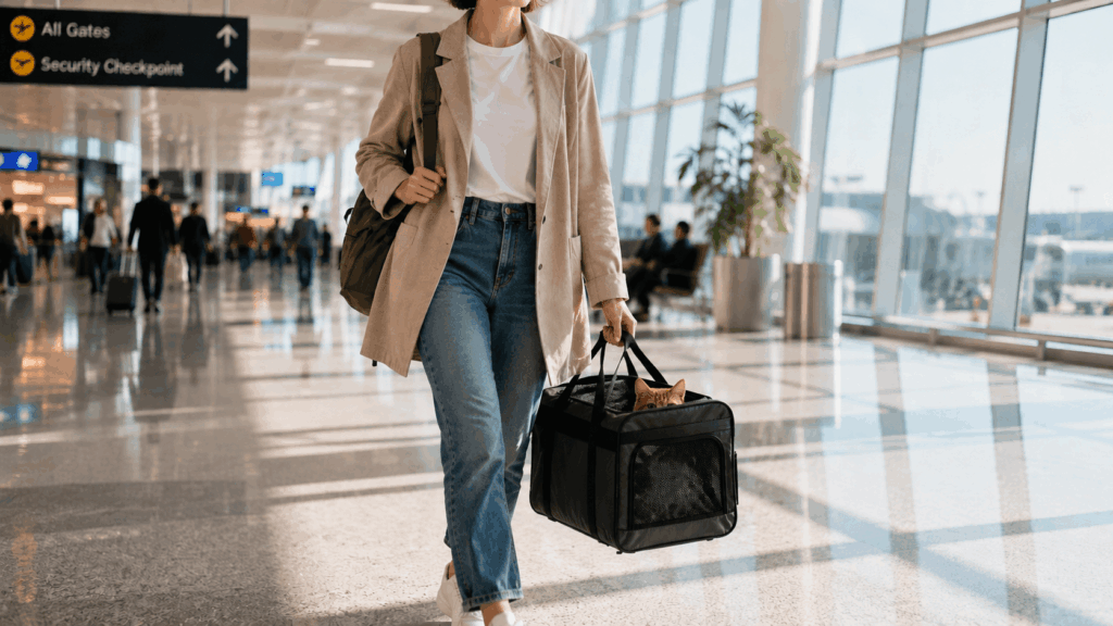 Tips for air travel and traveling with a cat in a car to the airport.