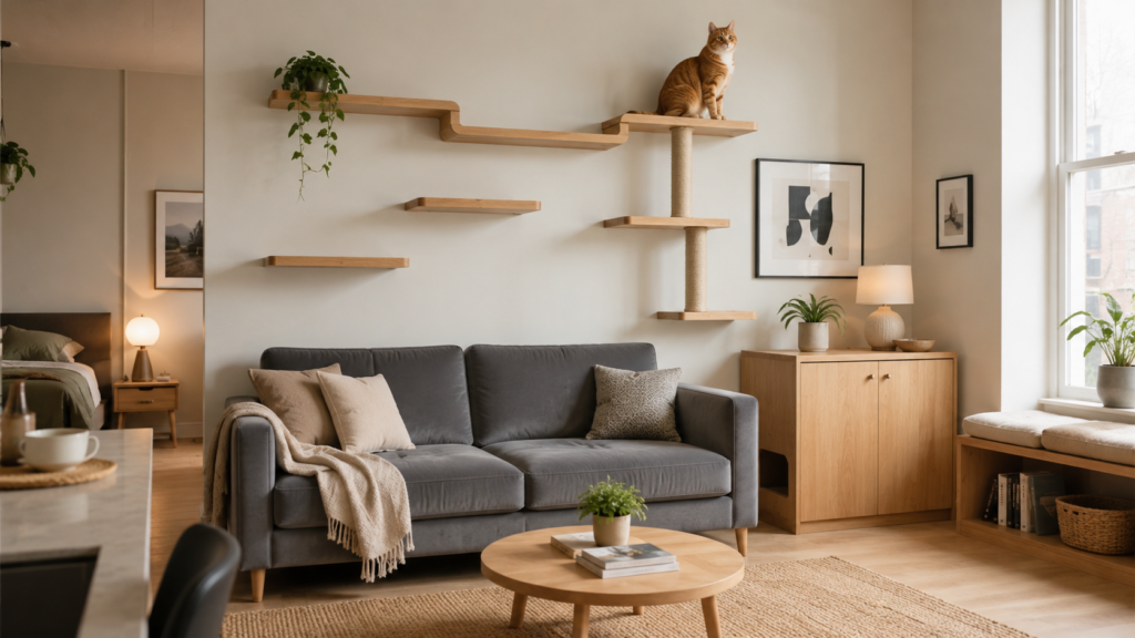 A modern apartment living room featuring cat friendly interior design with wall shelves
