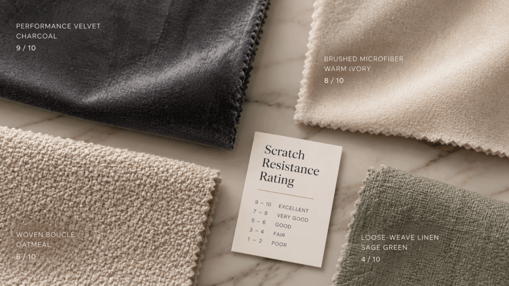 Performance fabrics and swatches used in professional cat friendly interior design
