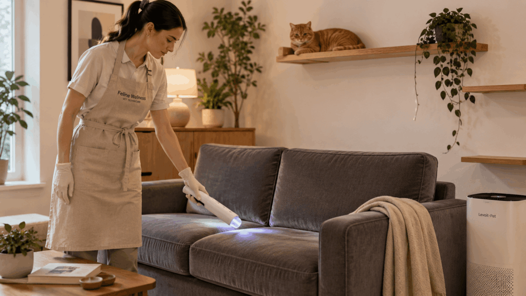 A vet tech sanitizing furniture to maintain a high-standard cat friendly interior design