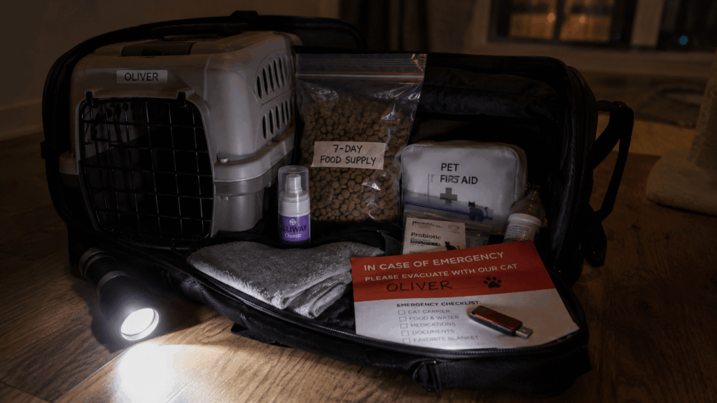 A complete go-bag setup for a successful cat emergency evacuation in an apartment