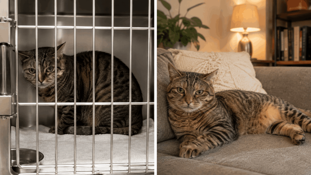 Stressed cat in a cage vs a relaxed cat at home to illustrate cat boarding vs pet sitter pros and cons
