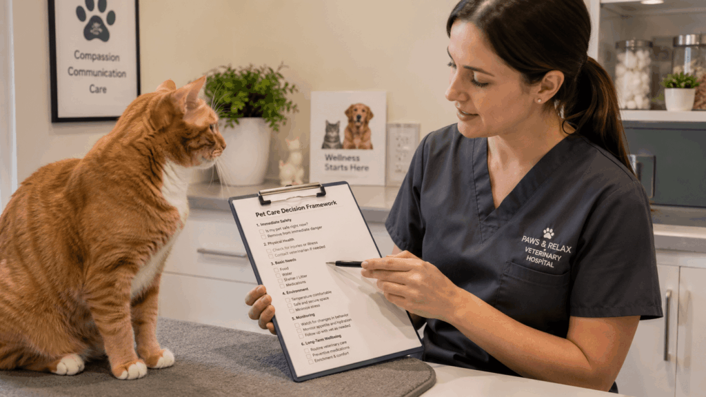 A vet tech explaining the medical decision framework for cat boarding vs pet sitter options