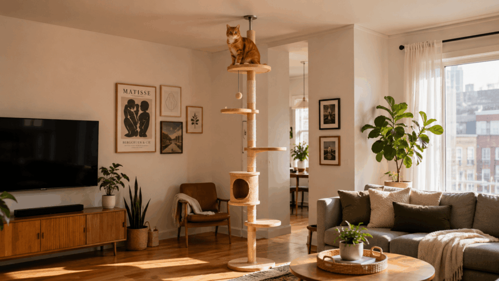 Oliver the orange tabby using a floor-to-ceiling pole as part of his diy renter friendly cat shelves