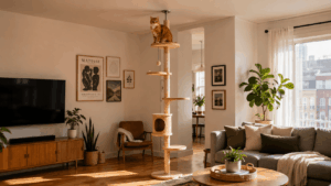 Oliver the orange tabby sitting on a floor-to-ceiling tension pole cat shelf in a modern apartment
