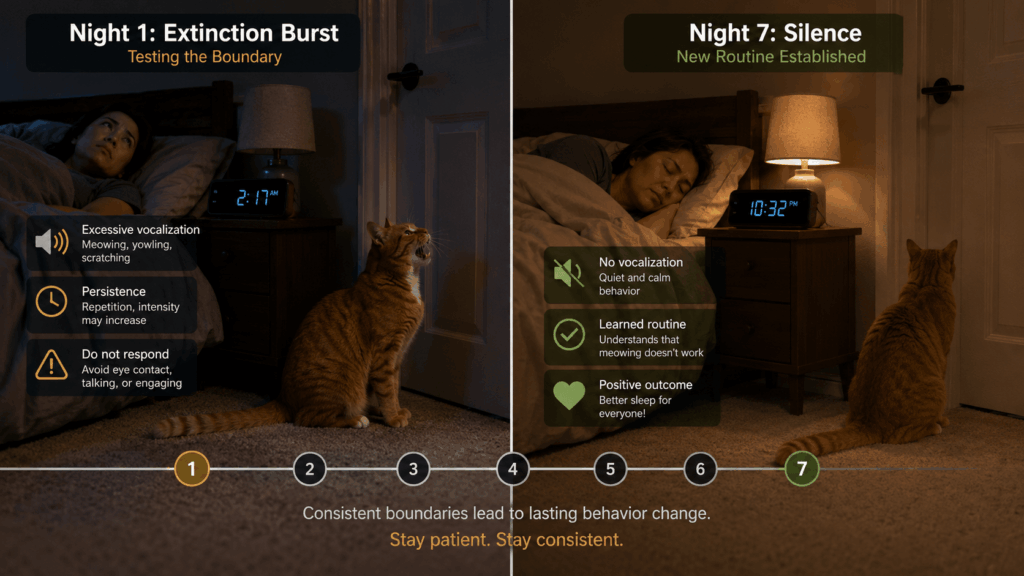 Behavioral timeline for extinguishing an apartment cat meowing too much habit