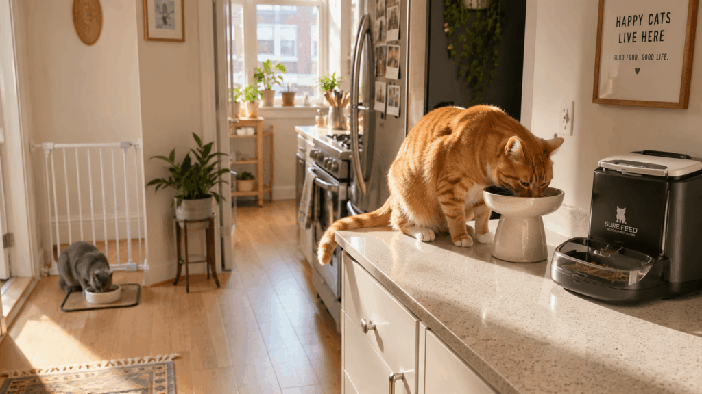 Oliver the orange tabby demonstrating how to feed multiple cats separately using vertical space