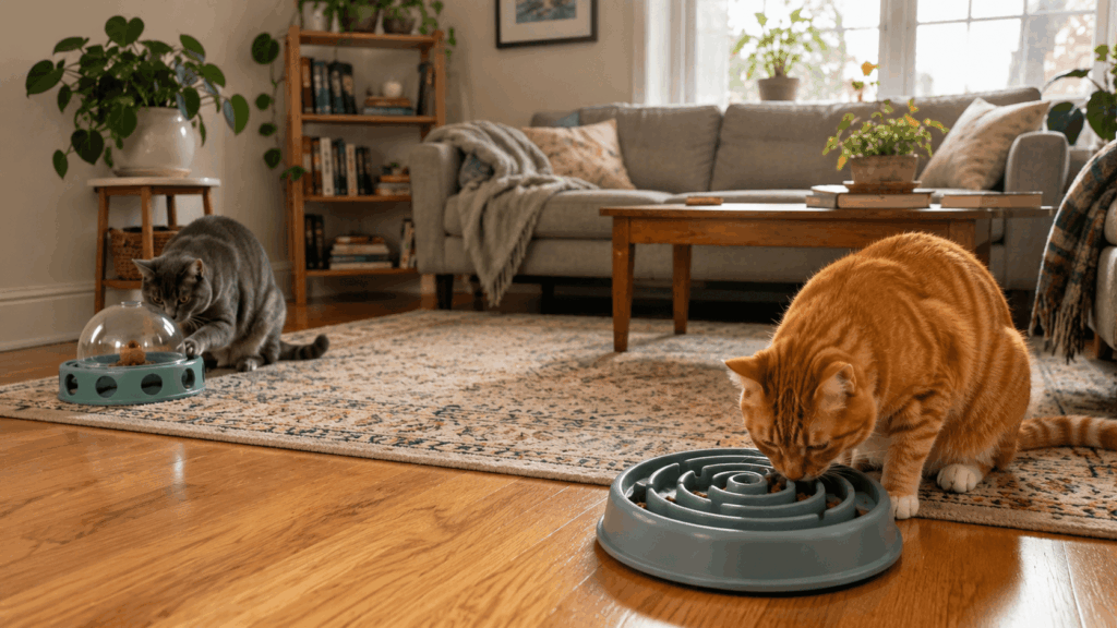 Using puzzle feeders as an active eating strategy for how to feed multiple cats separately