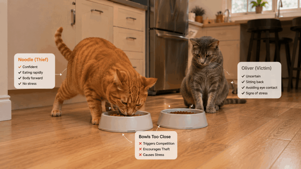 Oliver the orange tabby cat being pushed away, showing why you need to stop one cat stealing other cats food
