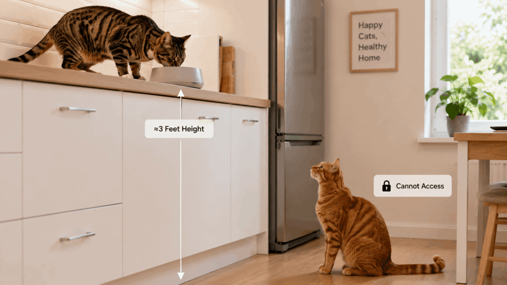Using vertical space and counter heights as a solution for one cat stealing other cats food
