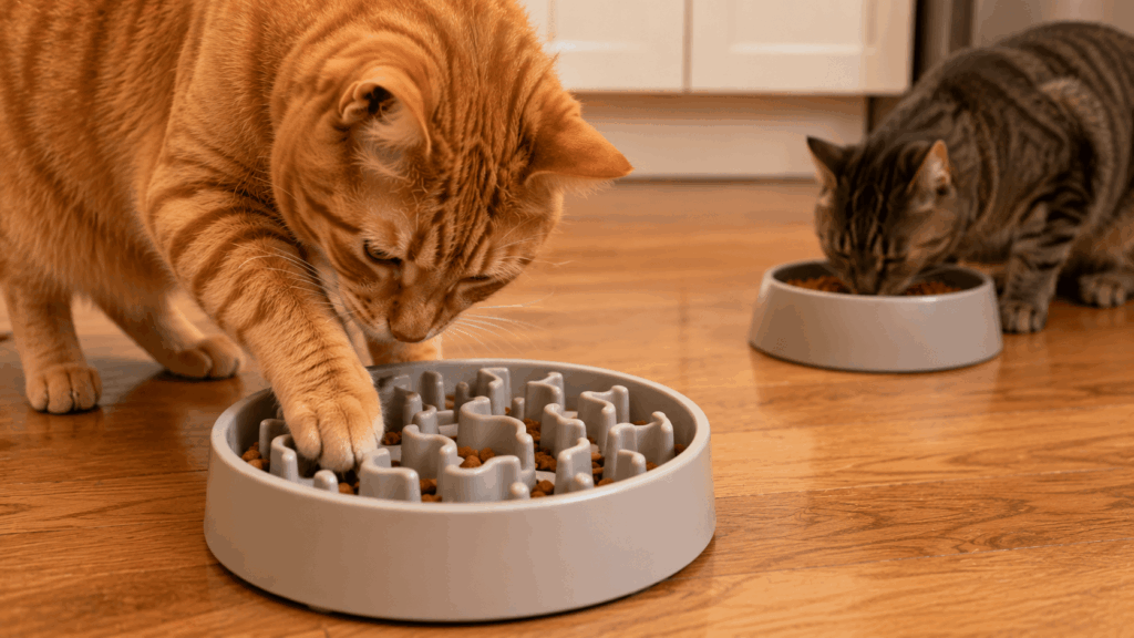 Implementing a ceramic maze slow feeder to successfully stop one cat stealing other cats food