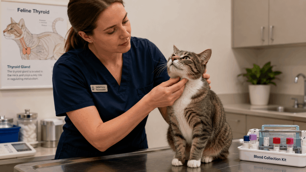 A vet tech checking a cat's body condition score to monitor the health impact of one cat stealing other cats food