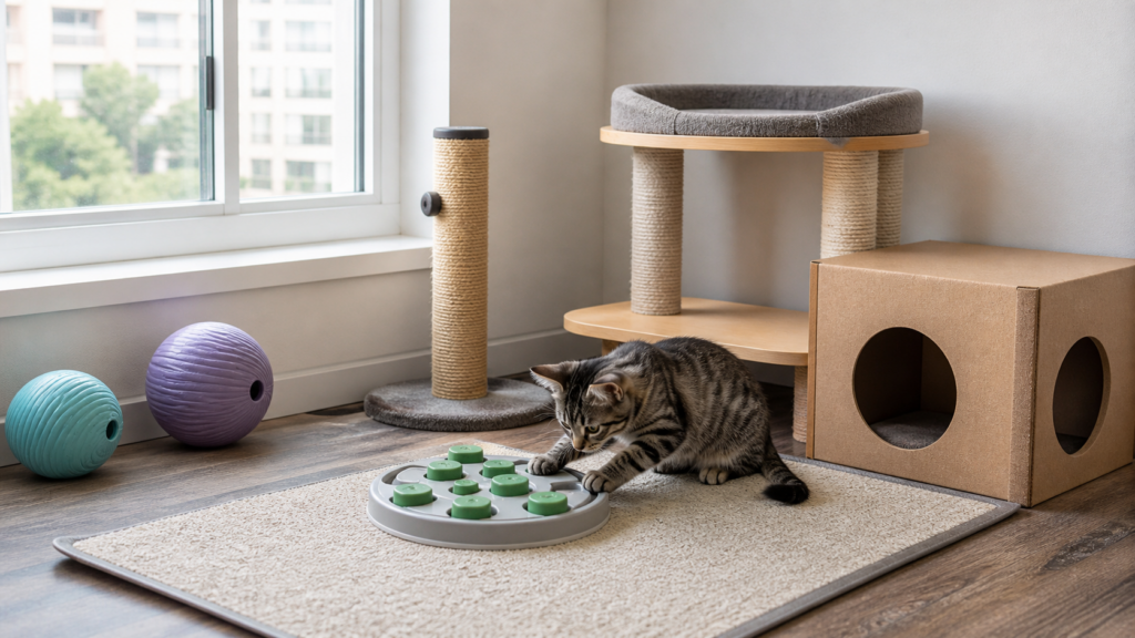 Single kitten syndrome enrichment zone with food puzzle scratcher and hiding box