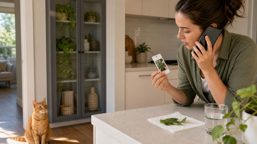Cat owner calling a veterinarian after a cat may have chewed a houseplant