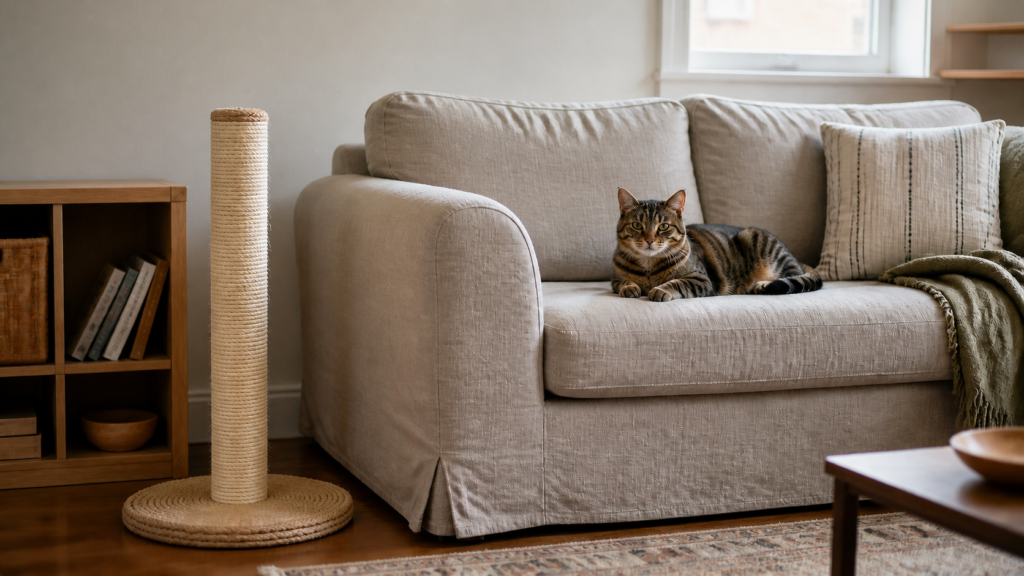 cat friendly interior design with a washable sofa cover and stable scratching post