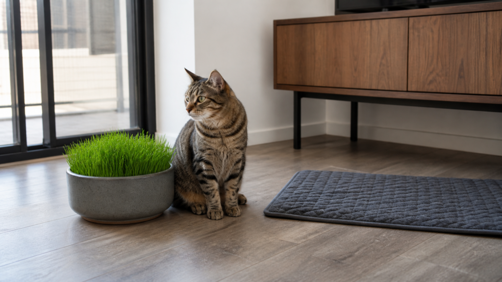 cat friendly interior design with cat grass and an easy-clean apartment floor