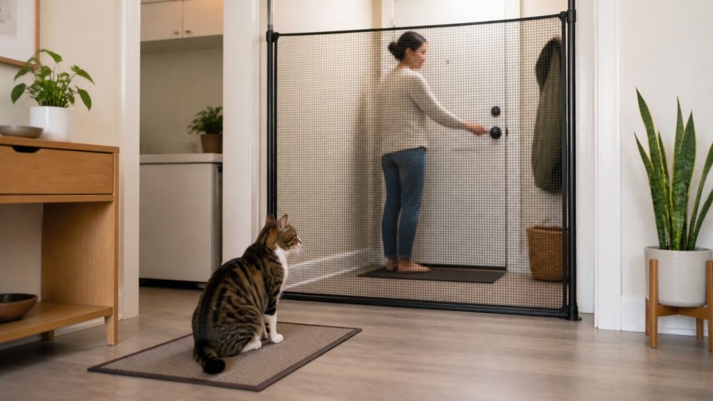 How to stop a cat from running out the door with a secure entry barrier