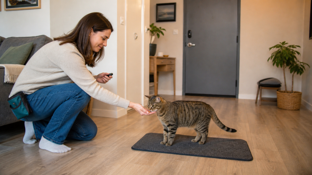 Positive reinforcement mat training for a cat away from the front door