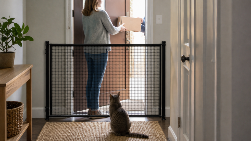 Indoor cat waiting behind a secure barrier during an apartment delivery