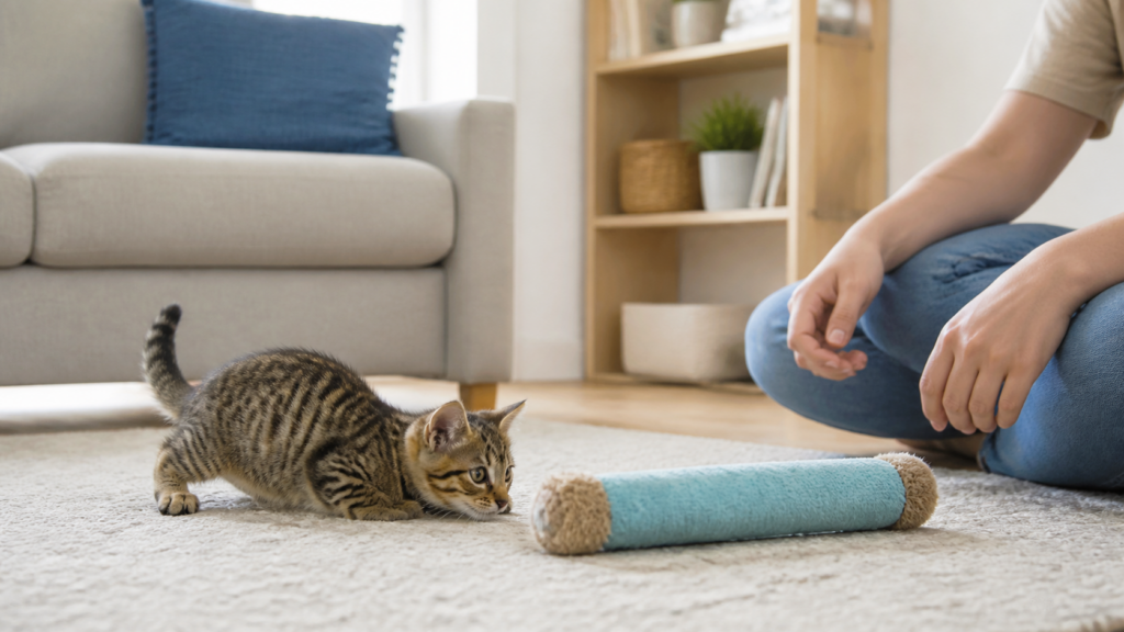 Single kitten syndrome safe play with a sturdy kicker toy away from hands