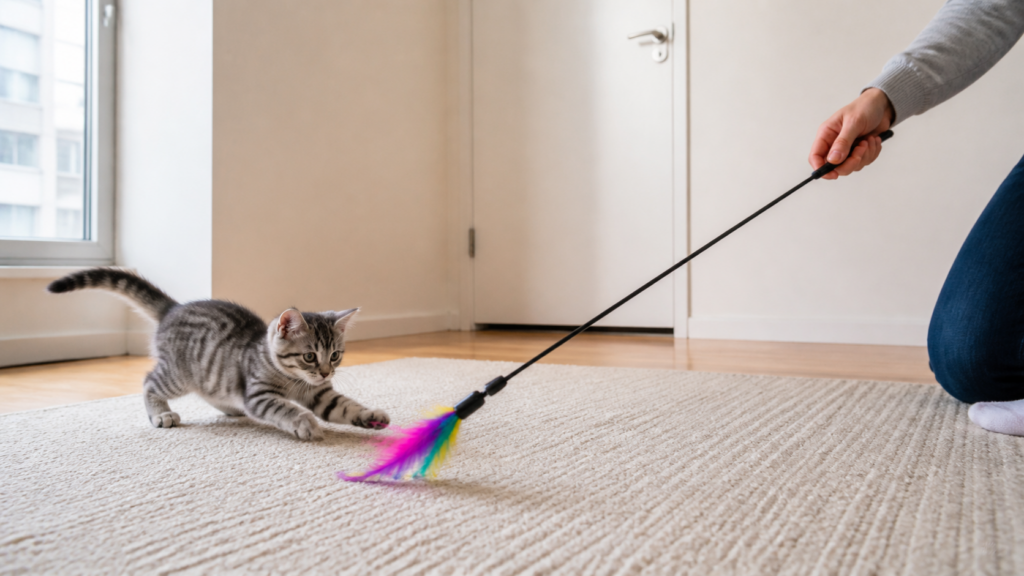 Supervised wand play redirects rough play in a lone kitten