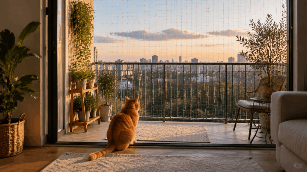 A secure apartment balcony with safety netting showing how to keep a cat safe.