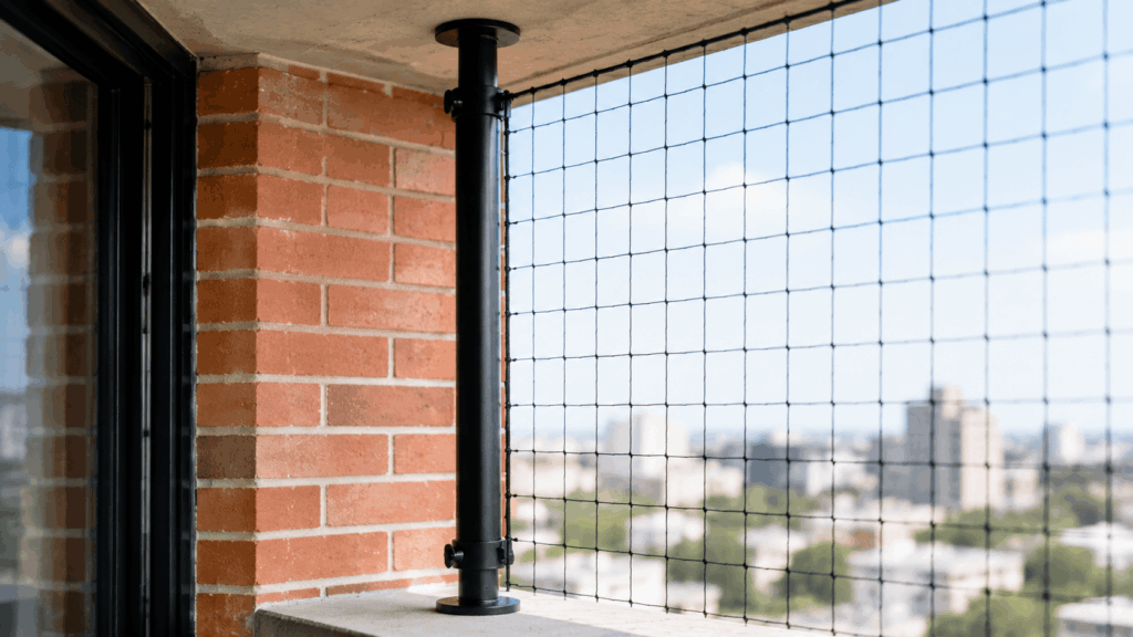 No-drill tension pole netting for a cat safe balcony renter setup.